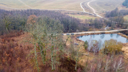 Aerial view pagan temle and holy oak. Worship of pagan Gods and trees. Ancient pagan temple.