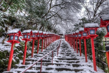 Kifune shrine with snow in winter night, Kyoto, Japan