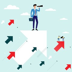 Business concept of searching for an opportunities, businessman standing on flying arrows and holding a binoculars. He is not standing alone, they are also have the competitors in the other area.