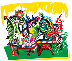 abstract illustration of woman sitting on the chair and looking at a clock. colorful illustration of  on the chair and looking at a clock