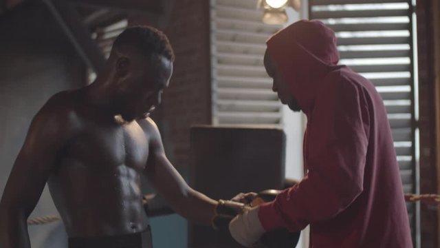 Waist-up shot of trainer in hoodie putting on gloves for Afro-American boxer, with bare torso and mouthguard, in shorts, in ring corner before boxing match, bumping fists and wishing luck