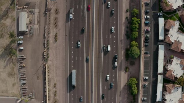 Aerial Drone View of Highway I-10 in Phoenix Tempe Chandler Arizona on a sunny day showing highway and surrounding areas