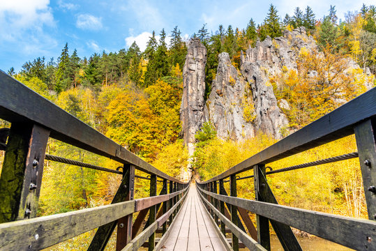 Swing Bridge over Ohre River at Svatos Rocks, Czech: Svatosske skaly, at autumn time, Czech Republic
