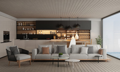 3d rendering of modern loft living and dining room interior design and sea view background 
