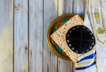 Symbol of Passover plate, matza with kipah and tallit in the Pesah celebration