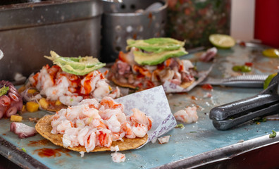 Authentic shrimp tostada of Ensenada best street seafood cart