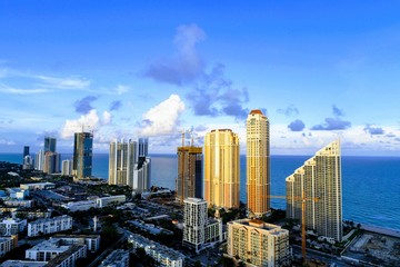 Aerial view of seascape sunset. Biscayne Bay, Miami, United States. Great landscape. Vacation travel. Tropical travel. 