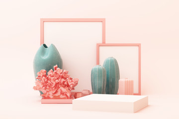 abstract geometric shape pastel pink color scene minimal with decoration and prop, design for cosmetic or product display podium 3d render