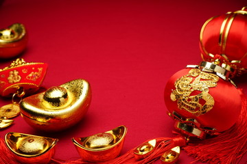 Chinese New Year decorations with red background with assorted festival decorations. Chinese...