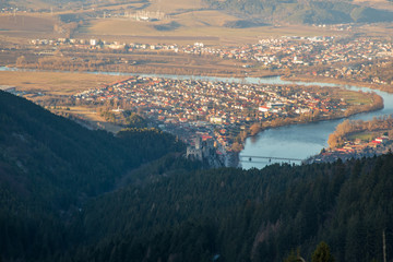 ruins of Strecno castle with Strecno and Varin villages and Vah river bellow in Slovakia