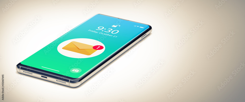Poster a smartphone with email notification on screen. close up. top down view. 3d render.