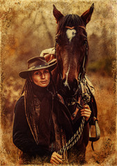 Naklejka premium Young beautiful dreadded girl outdoors with her true horse. Old photo effect.