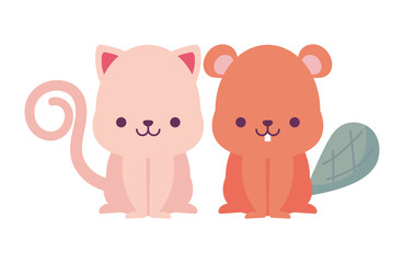 kawaii cat and beaver cartoons vector design