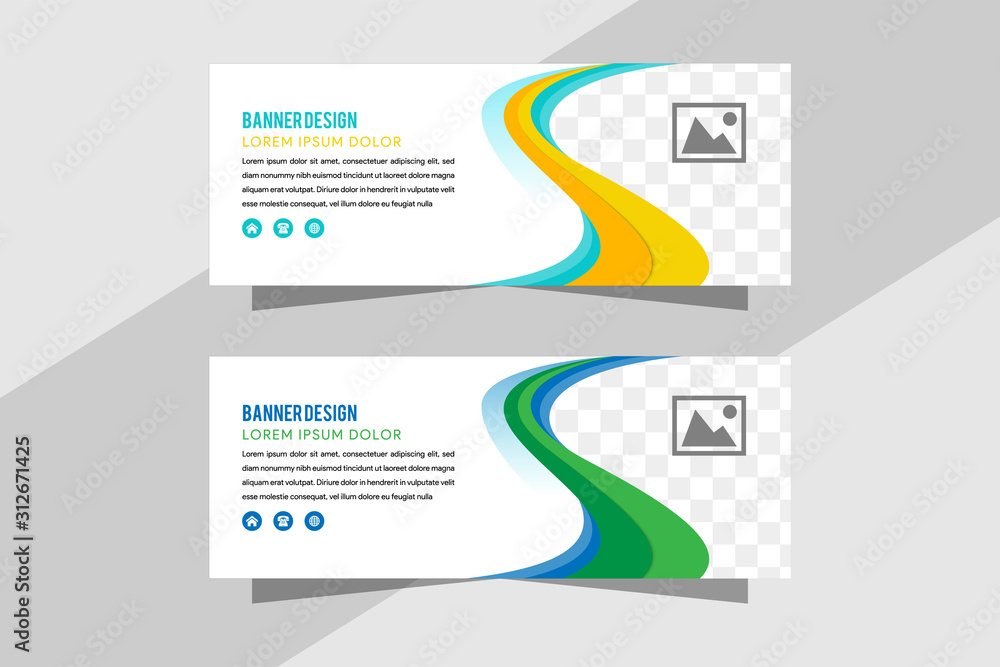 Poster horizontal color banners with yellow, blue, green waves on white background. design abstract web ban