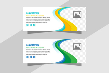 Horizontal color banners with yellow, blue, green waves on white background. Design abstract web banner. Universal template for a web site with text. space for photo.