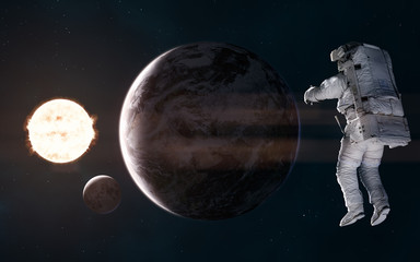 Obraz na płótnie Canvas Solar system. Earth, moon and astronaut on background of the sun. 3D Render. Science fiction. Elements of this image furnished by NASA