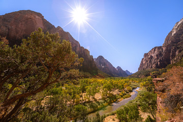 View from the Kayenta Trail over the Virgin River and Mountains in Zion National Park in Utah