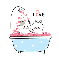 Cartoon cute Valentines day white cats bath in hearts vector.