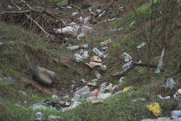 Elemental dump plastic garbage on the roadside near the outskirts of the forest. Pollution of the environment with plastic and other wastes. Plastic debris on the grass among trees. 