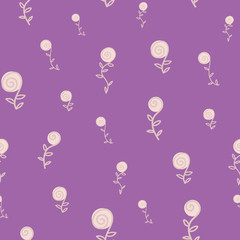 A seamless vector pattern with simple doodle roses on purple background. Decorative srfae print design.