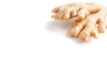 Fresh ginger root on a white background, isolate. Ginger pharmacy.
