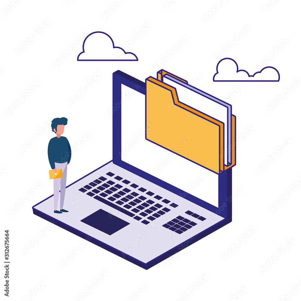 Poster laptop man and file of security system vector design