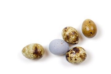 Spotted quail eggs on a white surface