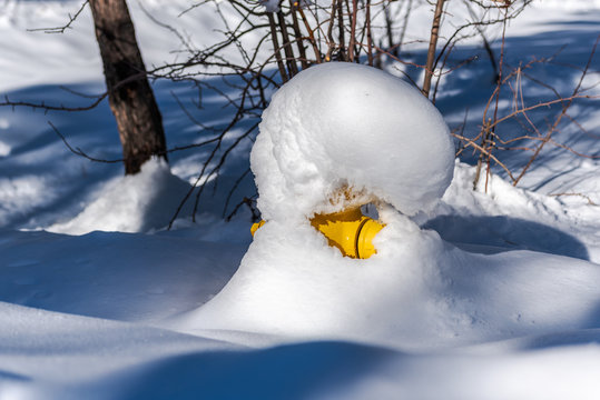 Community neighborhood fire hydrant is almost completey covered in a mound of fresh snow after winter storm passes through the small rural town of Wrightwood, California.