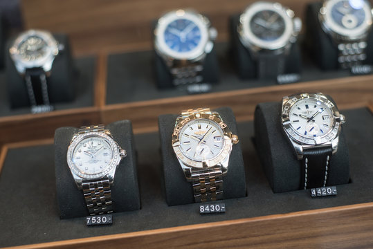 Mulhouse - France - 27 December 2019 - Closeup of swiss watches by Breitling in a jewelry showroom