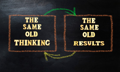 forming the Same Old Thinking The Same Old Results with wooden letters on black chalkboard