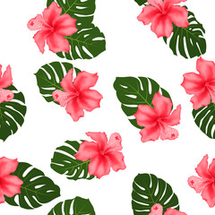 Red hibiscus flowers monstera leaves tropical seamless pattern for textile print.