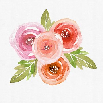 Water color roses on textured paper with green leaves and white background