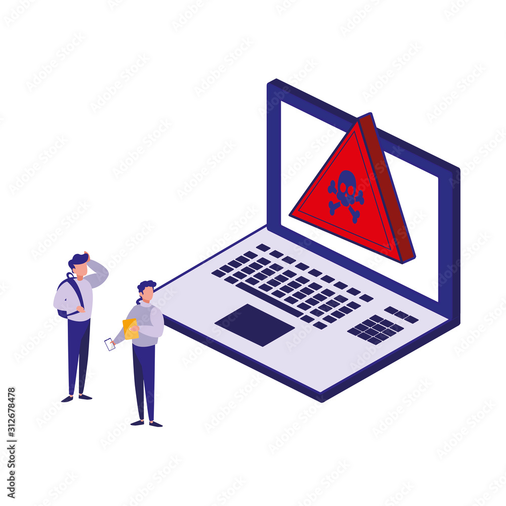 Poster laptop skull and men of security system vector design