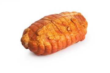 Country pork ham. Traditional sausage products white white background.