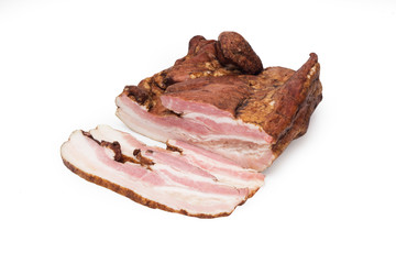 Smoked pork bacon on a white background. Food product.
