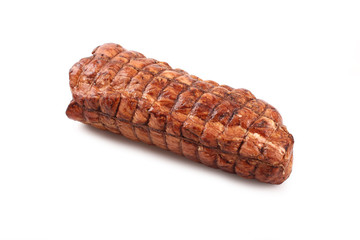 Smoked pork loin.Traditional sausage products white white background.