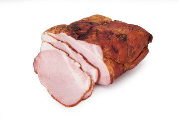 Smoked pork ham. Traditional sausage products white white background.