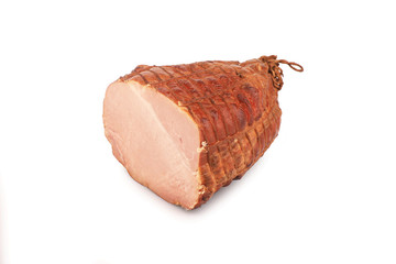Smoked pork ham. Traditional sausage products white white background.