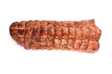 Smoked pork loin.Traditional sausage products white white background.