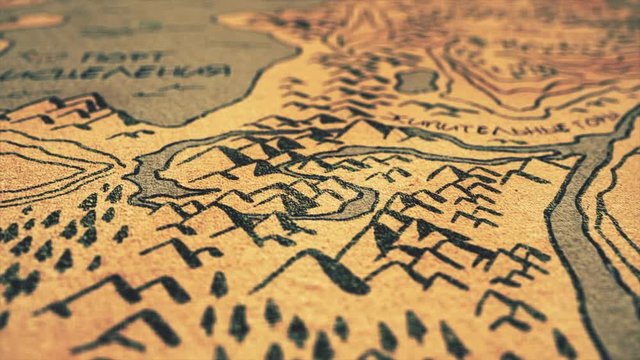 Funny hand-drawn ancient map with animated drawingsAbstract animation of the old vintage fairy map and different locations for game or movie. Stock footage. Cartoon animation