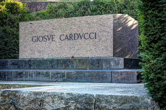 Bologna - Italy, December 2019, touristic city landscape, Giosu Carducci tomb, Certosa urban cemetery