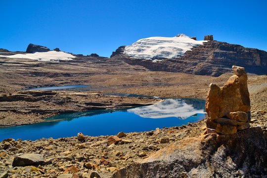 cocuy mountain range covered in snow and lake in Colombia
