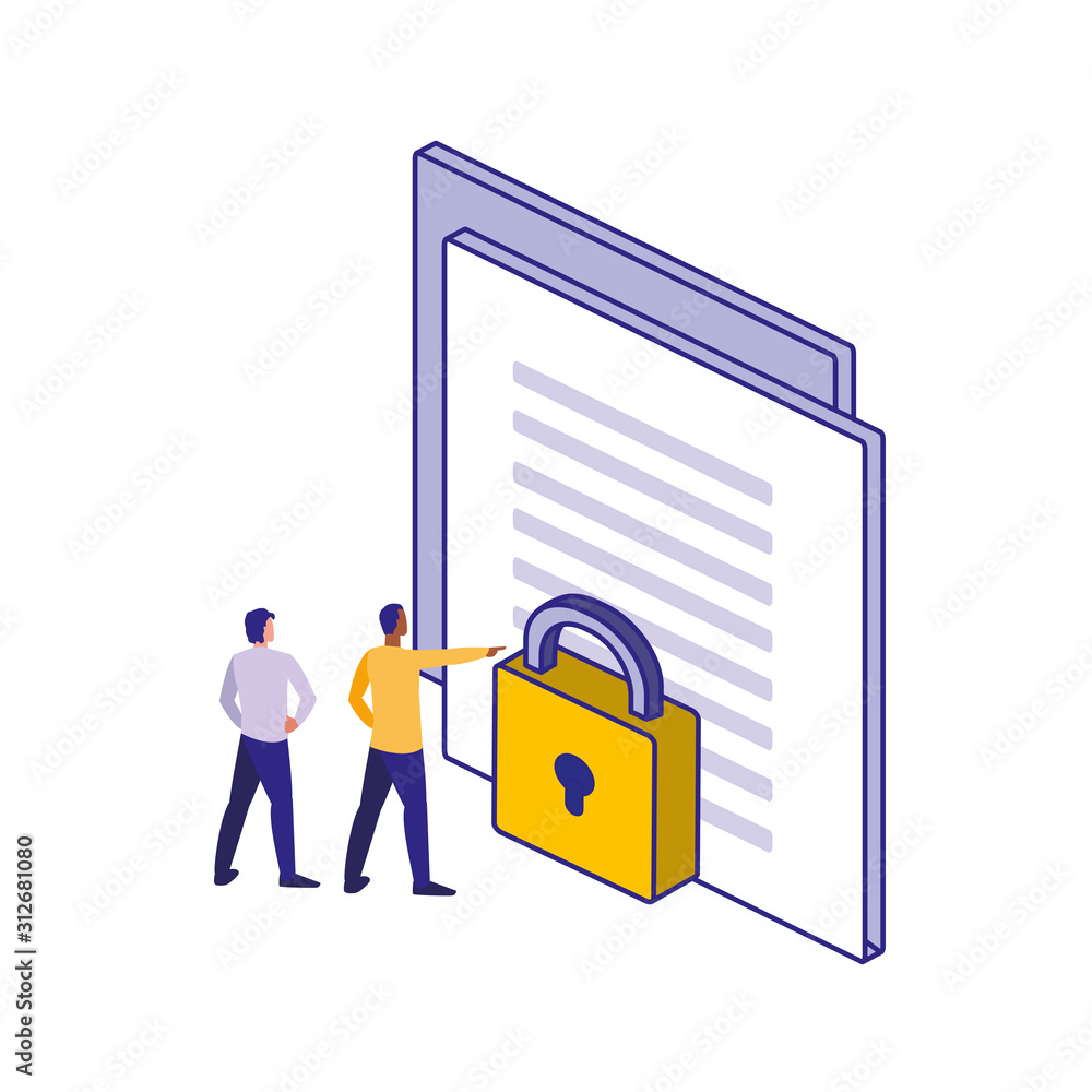 Poster men document and padlock of security system vector design