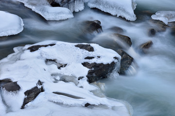 Winter landscape of Clear Creek with ice formations captured with motion blur, Rocky Mountains, Colorado, USA