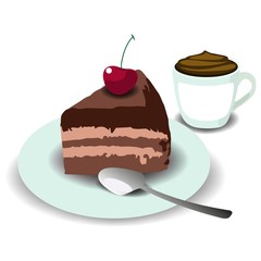 a piece of chocolate cake with a cherry on a plate, a teaspoon and a Cup of cappuccino on a white background. design for cafes, restaurants, patisserie, bars. color illustration