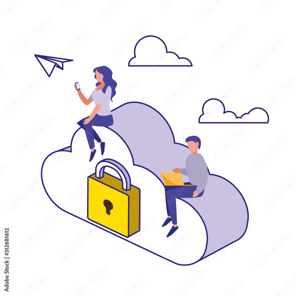 Poster people padlock and clouds of security system vector design