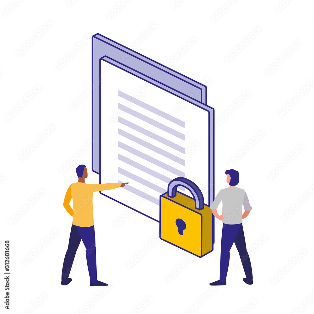 Poster men document and padlock of security system vector design