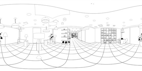 spherical panoramic render of the store, contour visualization, 3D illustration, sketch, outline