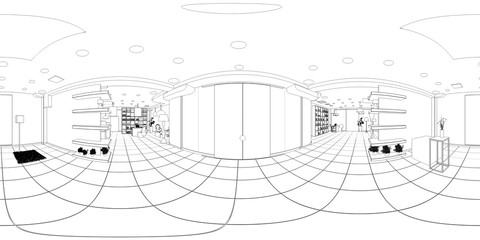 spherical panoramic render of the store, contour visualization, 3D illustration, sketch, outline