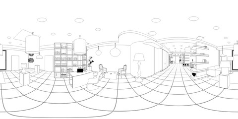 spherical panoramic render of the store, contour visualization, 3D illustration, sketch, outline